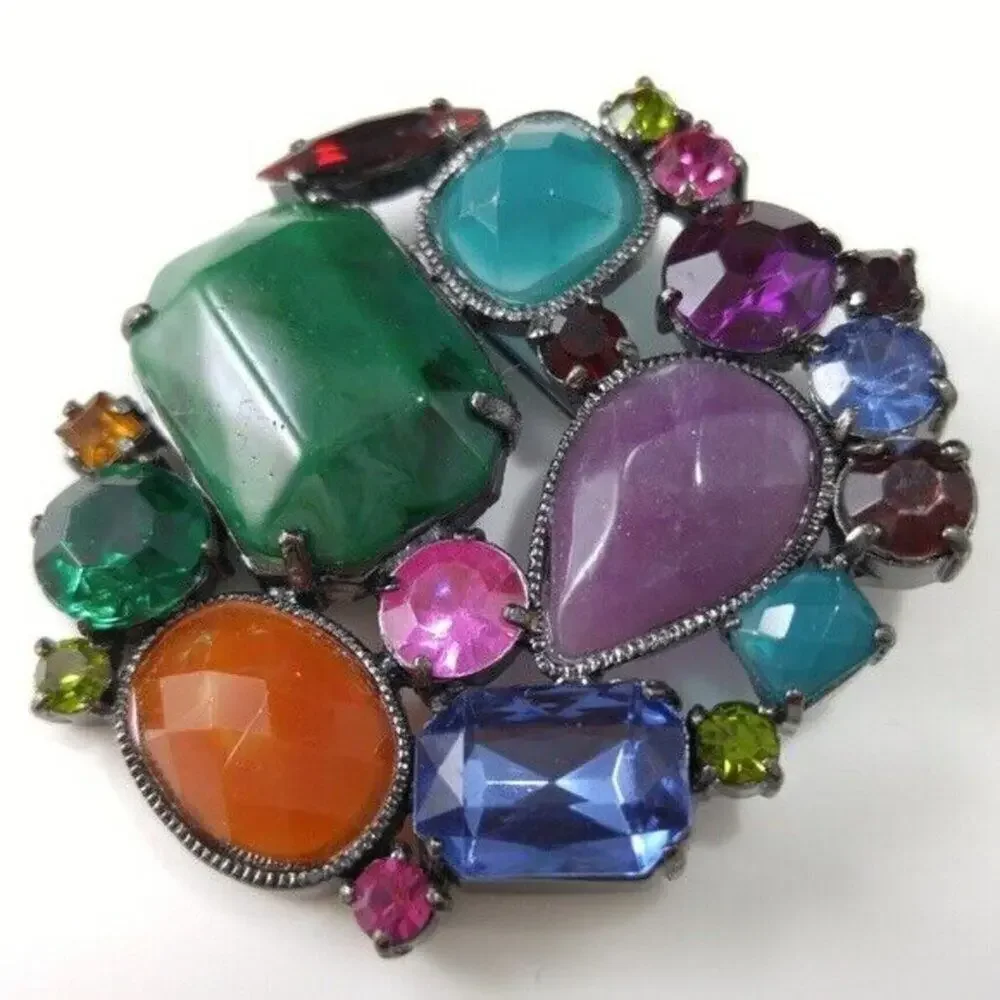 Purple Blue Green Faceted Rhinestones Jewel Colors Cabochons Brooch, 2 Inches